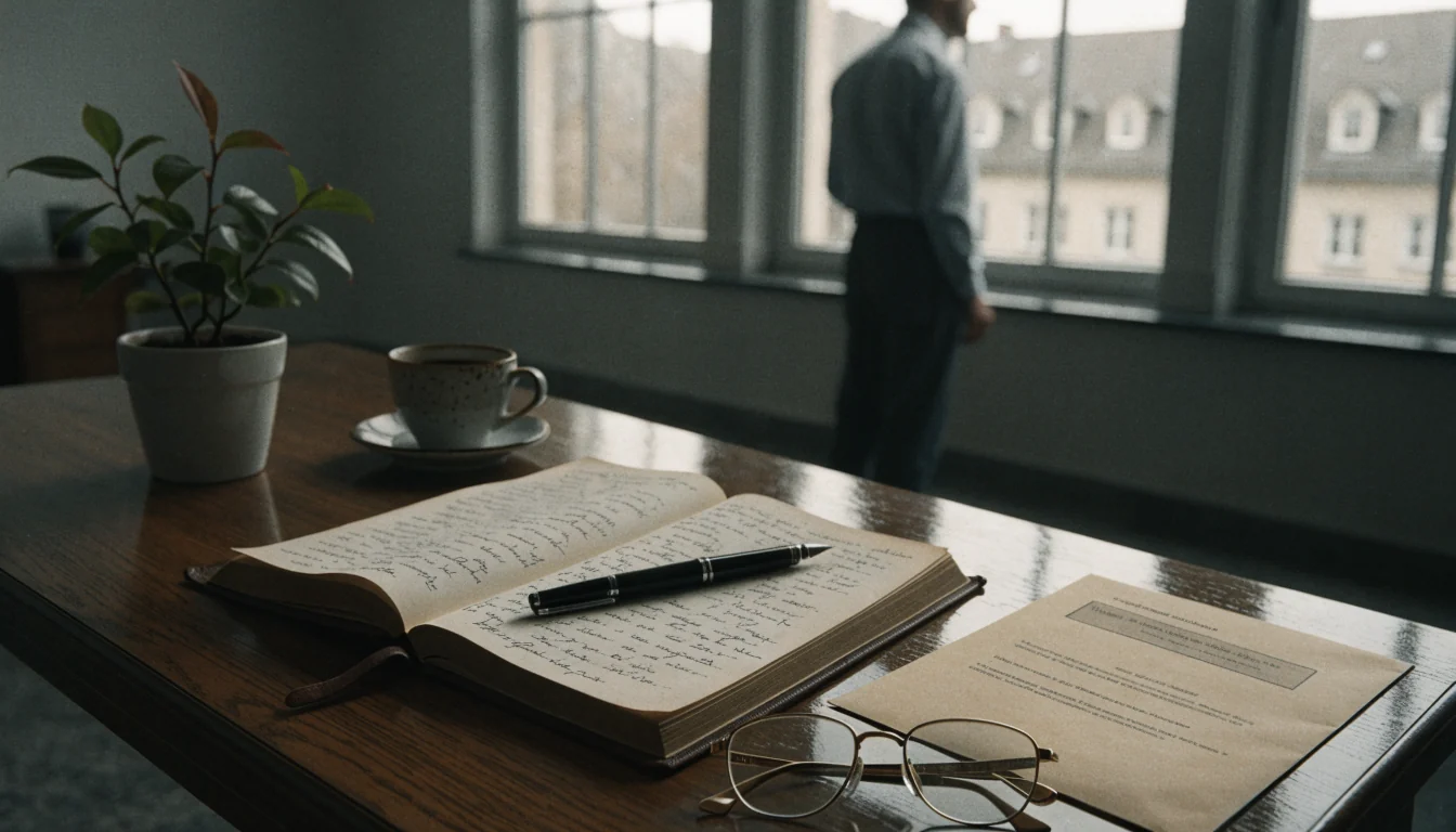 Schreibtisch mit Notizbuch, Füllfederhalter, Lesebrille und versiegeltem Umschlag im Tageslicht