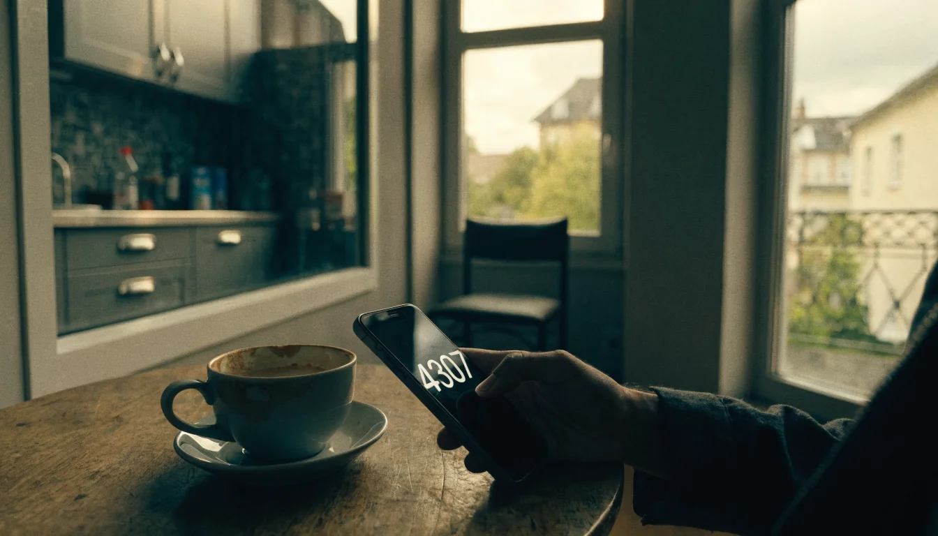 Smartphone mit leuchtender Zahl auf einem Küchentisch, Kaffeetasse daneben