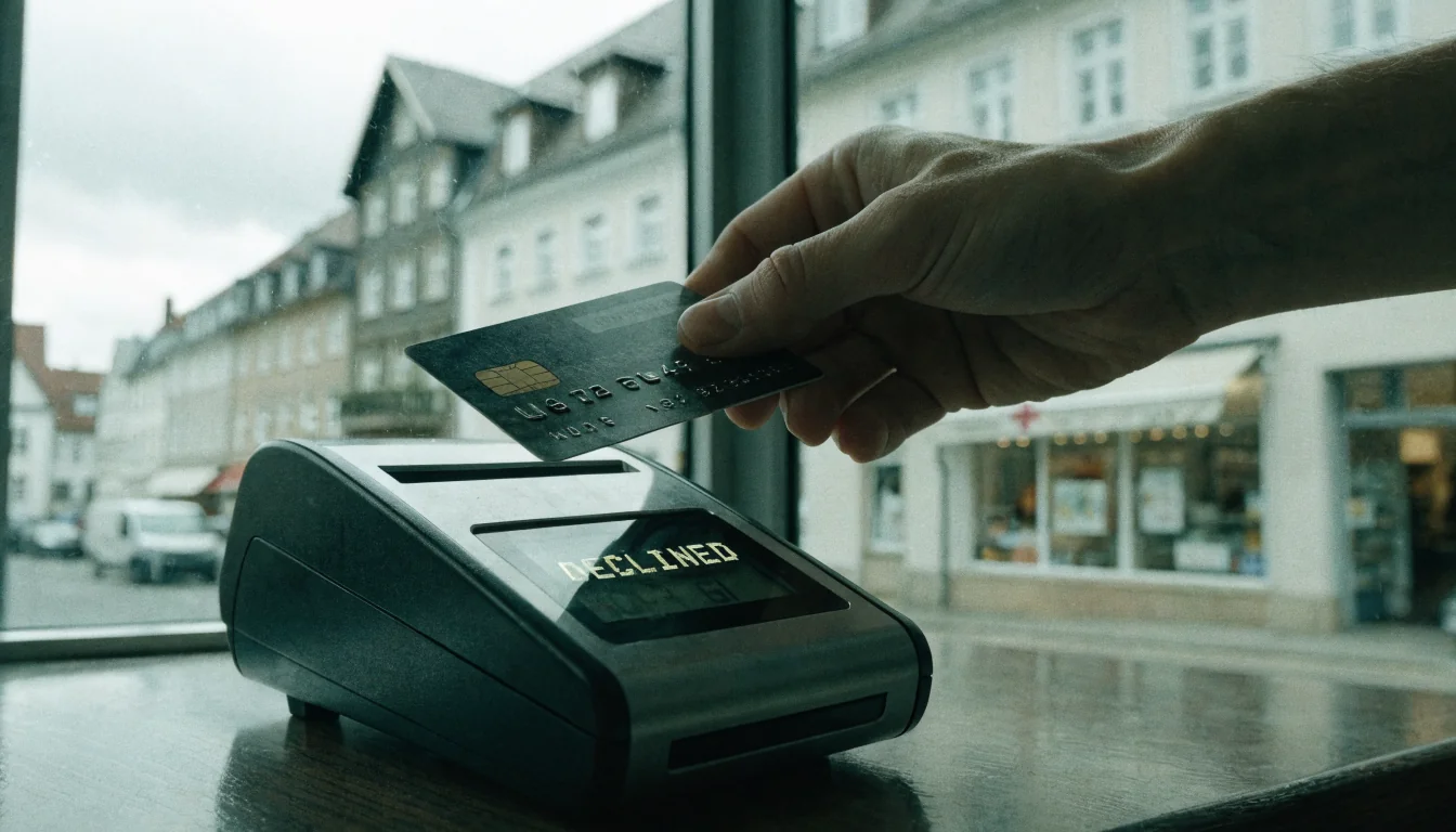 Kreditkarte über Kartenterminal, Transaktion abgelehnt, Hand hält inne
