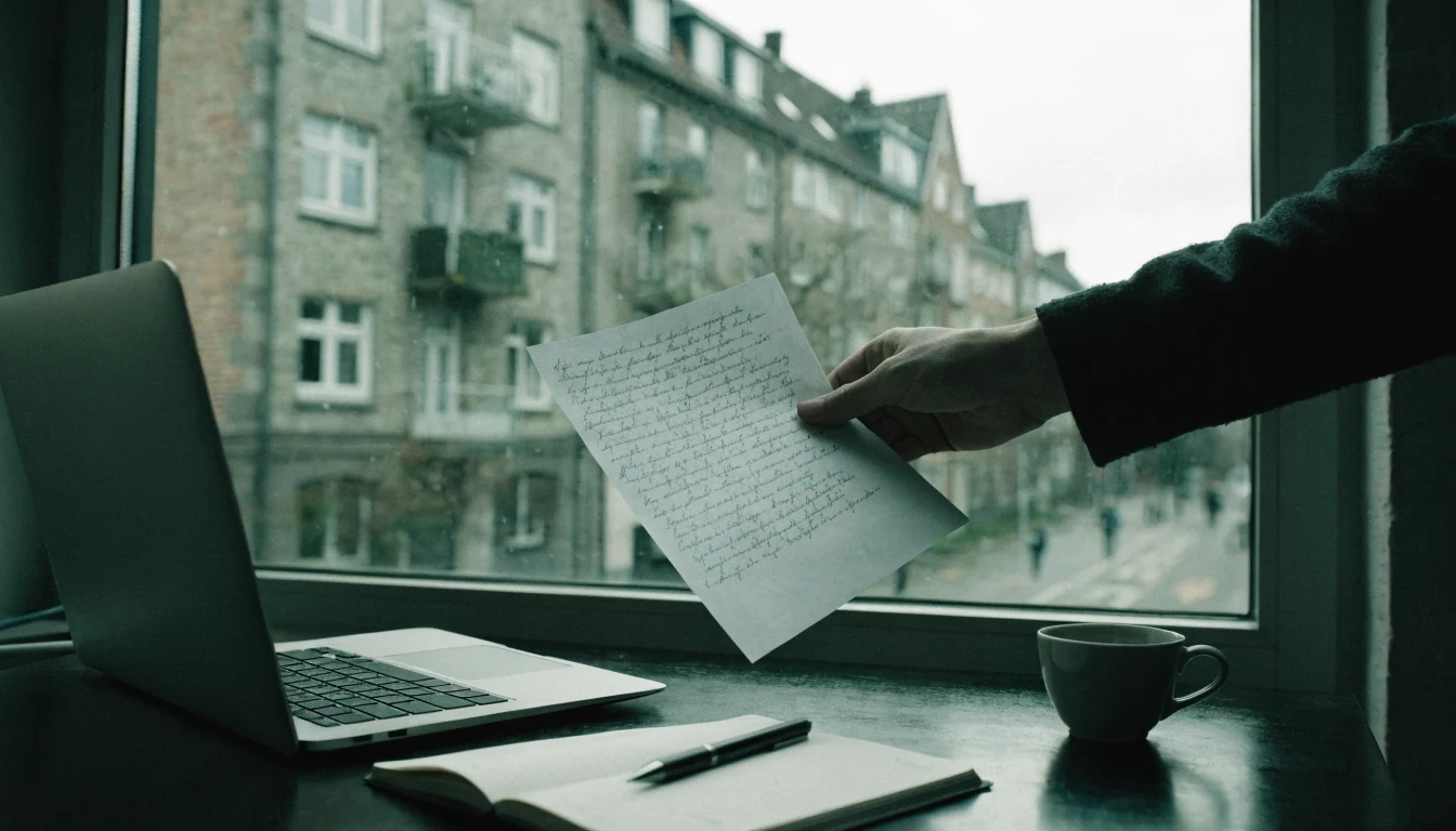 Redaktionsarbeitsplatz mit Laptop, Notizbuch und Brief auf dem Schreibtisch