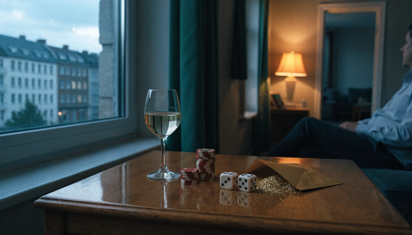 Casino-Chips, Würfel und ein goldener Geschenkumschlag auf einem Holztisch bei Abendlicht.
