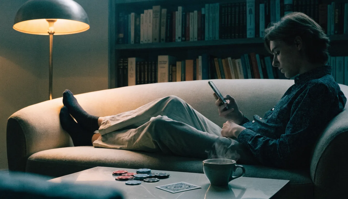 Person mit Smartphone auf der Couch, Casino-Chips und Spielkarte auf dem Tisch in deutscher Wohnung.