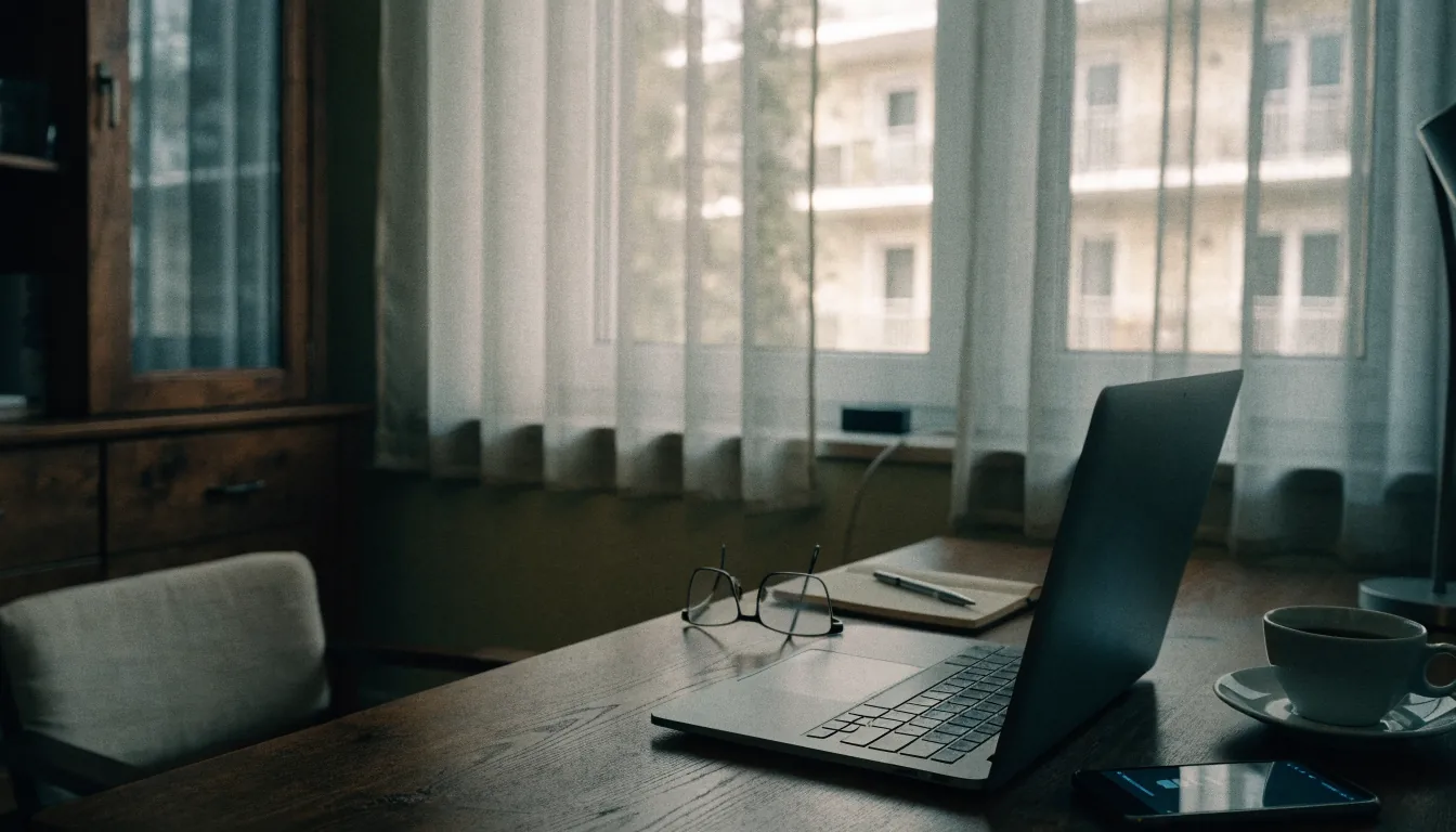 Laptop und Smartphone auf Schreibtisch mit Kaffeetasse