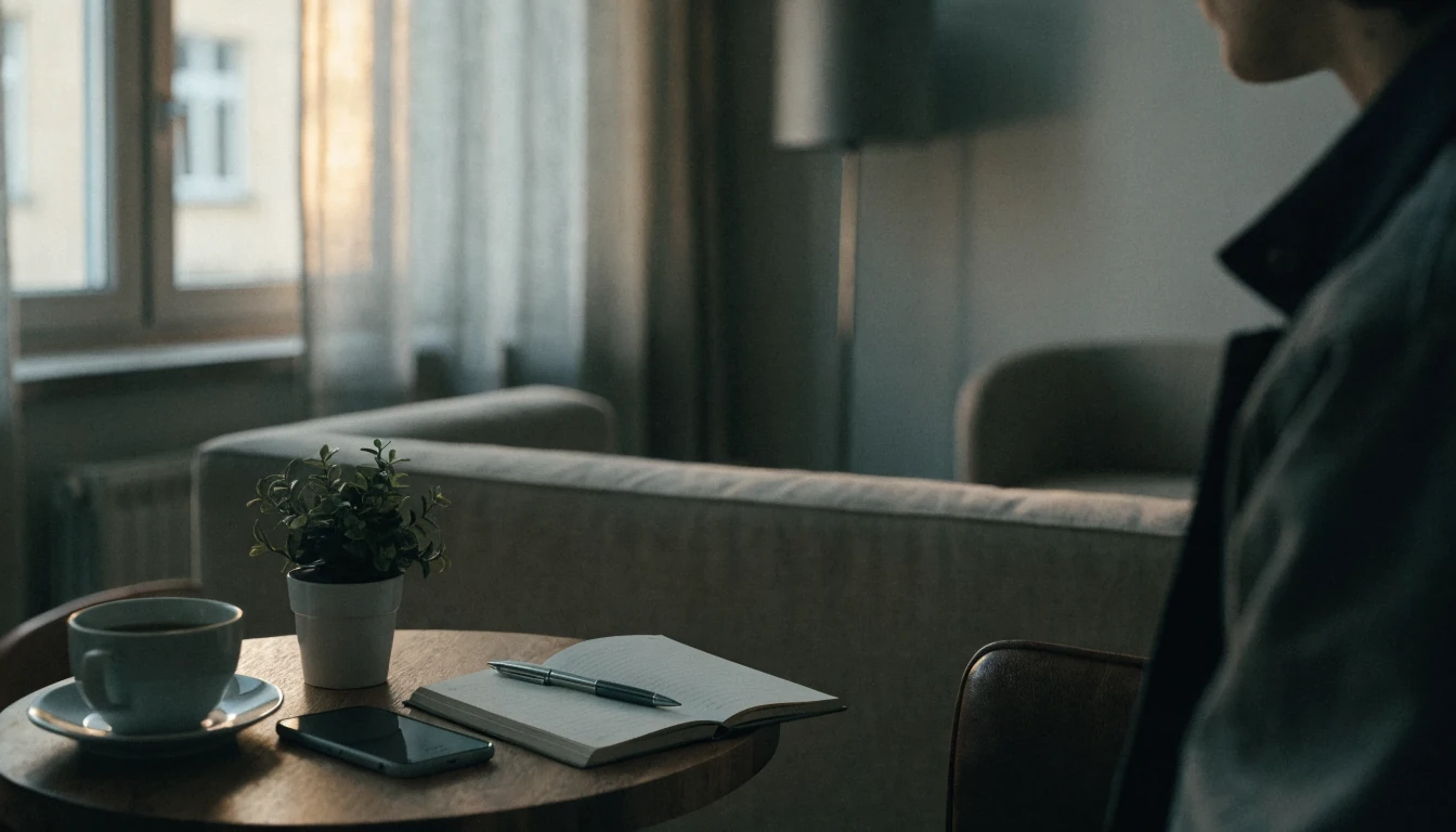 Gemütliches Wohnzimmer mit Smartphone, Kaffeetasse und Notizbuch auf dem Tisch.